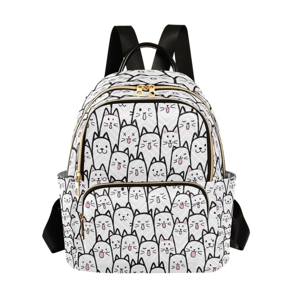 Qxltty Quilted Backpack for Women, Simple Line Kitty Travel Daypack with Front Pocket for Casual Daily Use
