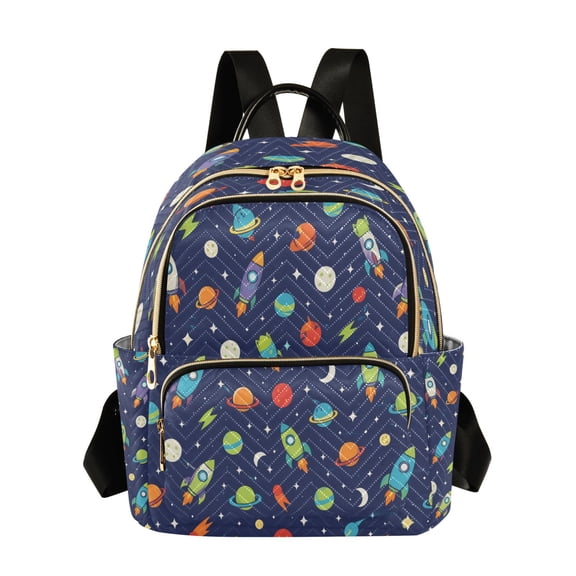 Qxltty Quilted Backpack for Women, Space Rockets Travel Daypack with Front Pocket for Casual Daily Use