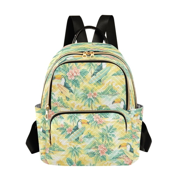 Qxltty Quilted Backpack for Women, Surfing Toucans Travel Daypack with Front Pocket for Casual Daily Use