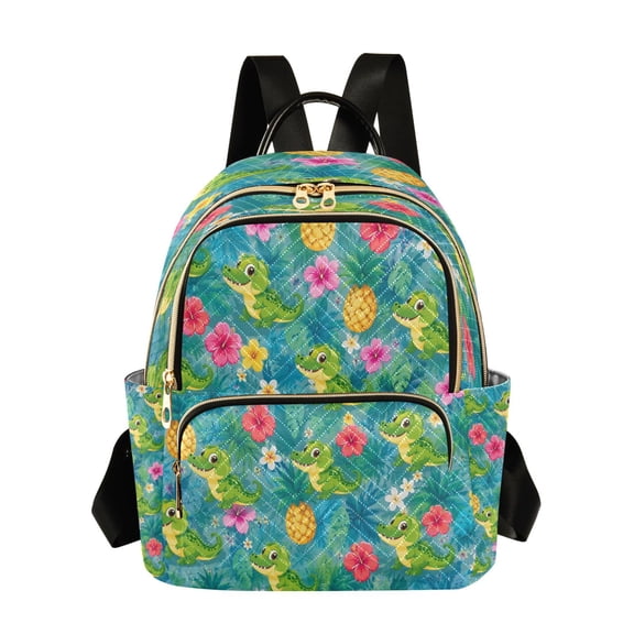 Qxltty Quilted Backpack for Women, Tropical Crocs Travel Daypack with Front Pocket for Casual Daily Use