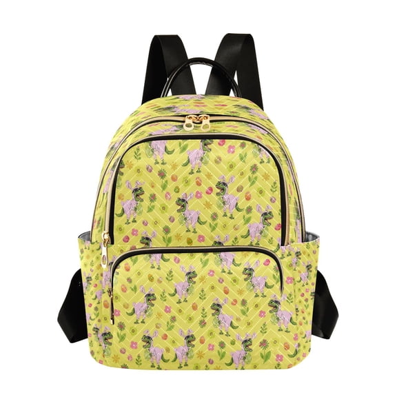 Qxltty Quilted Backpack for Women, Yellow Fun Dinosaur Travel Daypack with Front Pocket for Casual Daily Use