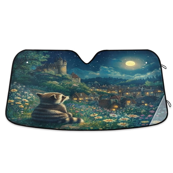 Qxltty Raccoon Journey Car Windshield Sunshades Foldable UV Rays Sun Visor Protector Keep Your Vehicle Cool 57×31.5in