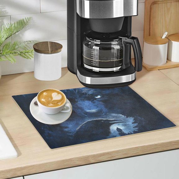 Qxltty Raven Wolf in The Moonlight Leather Drying Mat for Kitchen Countertops Coffee Mats Hide Stain Quickly Absorbs Water Tableware Decor