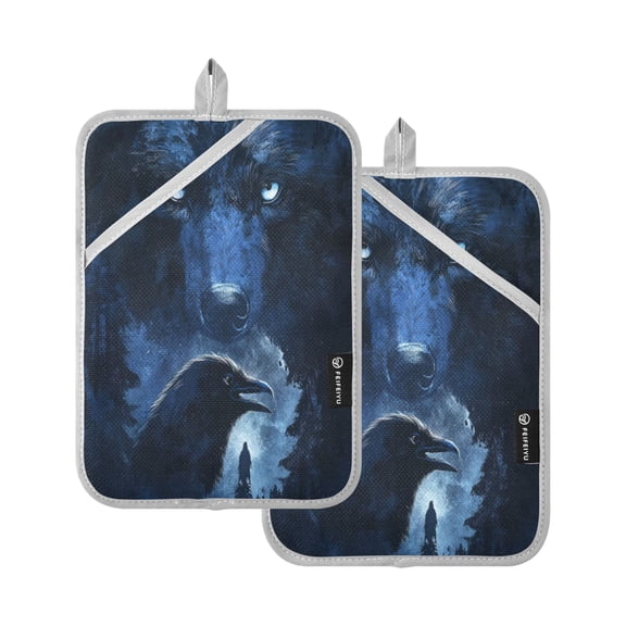 Qxltty Raven Wolf in The Moonlight Oven Mitts 2-Pack Heat Resistant Quilted Oven Gloves with Hanging Loop for Microwave BBQ & Kitchen Use
