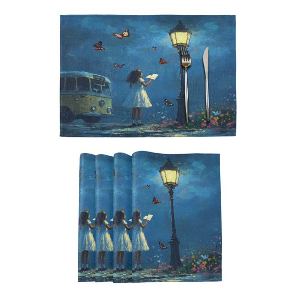 Qxltty Reading under The Streetlight Placemats Set of 6 Heat Resistant Non-Slip Place mat for Dining Table Washable Durable Polyester Woven Table Decorations