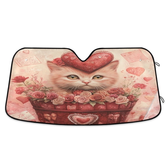 Qxltty Red Basket Cat Car Windshield Sunshades Foldable UV Rays Sun Visor Protector Keep Your Vehicle Cool 53×23.5in