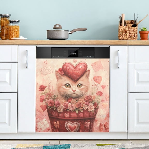 Qxltty Red Basket Cat Magnetic Dishwasher Sticker Refrigerator Cover Washing Machine Panel Kitchen Appliance Decoration 23×26in