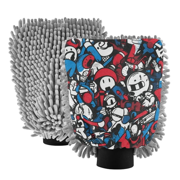 Qxltty Red Blue Graffiti Pattern Car Wash Mitt 2pcs Scratch Free Lint-Free Antistatic Microfiber 7.09×10.24in