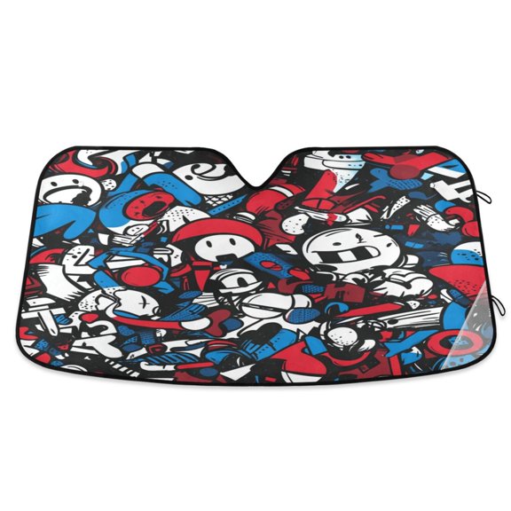 Qxltty Red Blue Graffiti Pattern Car Windshield Sunshades Foldable UV Rays Sun Visor Protector Keep Your Vehicle Cool 53×23.5in