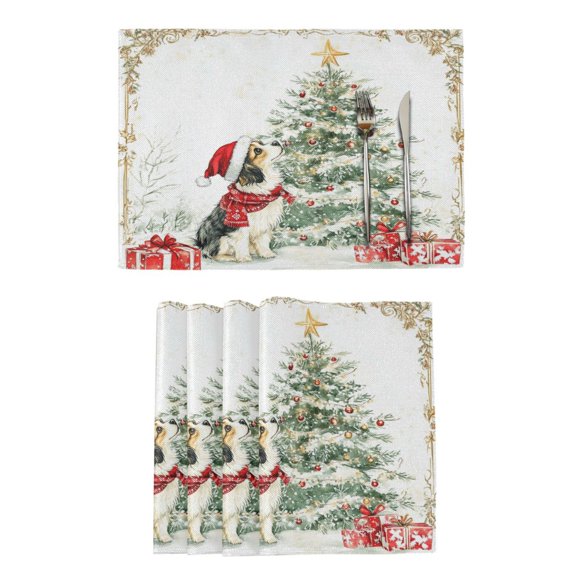 Qxltty Red Hat Puppy Placemats Set of 6 Heat Resistant Non-Slip Place mat for Dining Table Washable Durable Polyester Woven Table Decorations