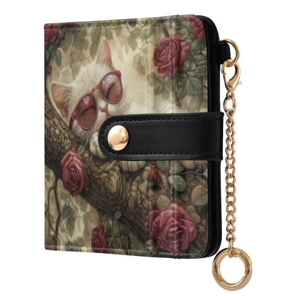 Qxltty Red Rose Cat Ladies Wallet Rfid Slim Thin Compact Credit Card Women Wallet Zipper Coin Pocket and ID Window for Female Gifts