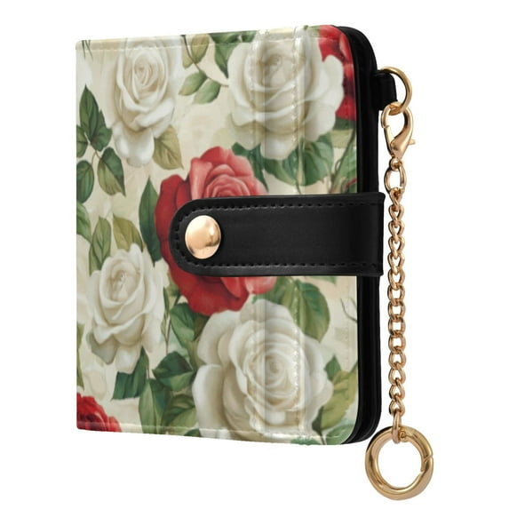 Qxltty Red White Rose Pattern Ladies Wallet Rfid Slim Thin Compact Credit Card Women Wallet Zipper Coin Pocket and ID Window for Female Gifts