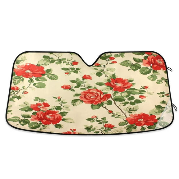 Qxltty Red and Green Floral Pattern Car Windshield Sunshades Foldable UV Rays Sun Visor Protector Keep Your Vehicle Cool 53×23.5in