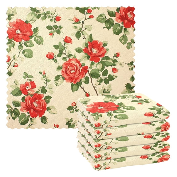 Qxltty Red and Green Floral Pattern Kitchen Towels Set of 6 Ultra Soft Absorbent Quick Drying Dish Cloths 11 x 11in