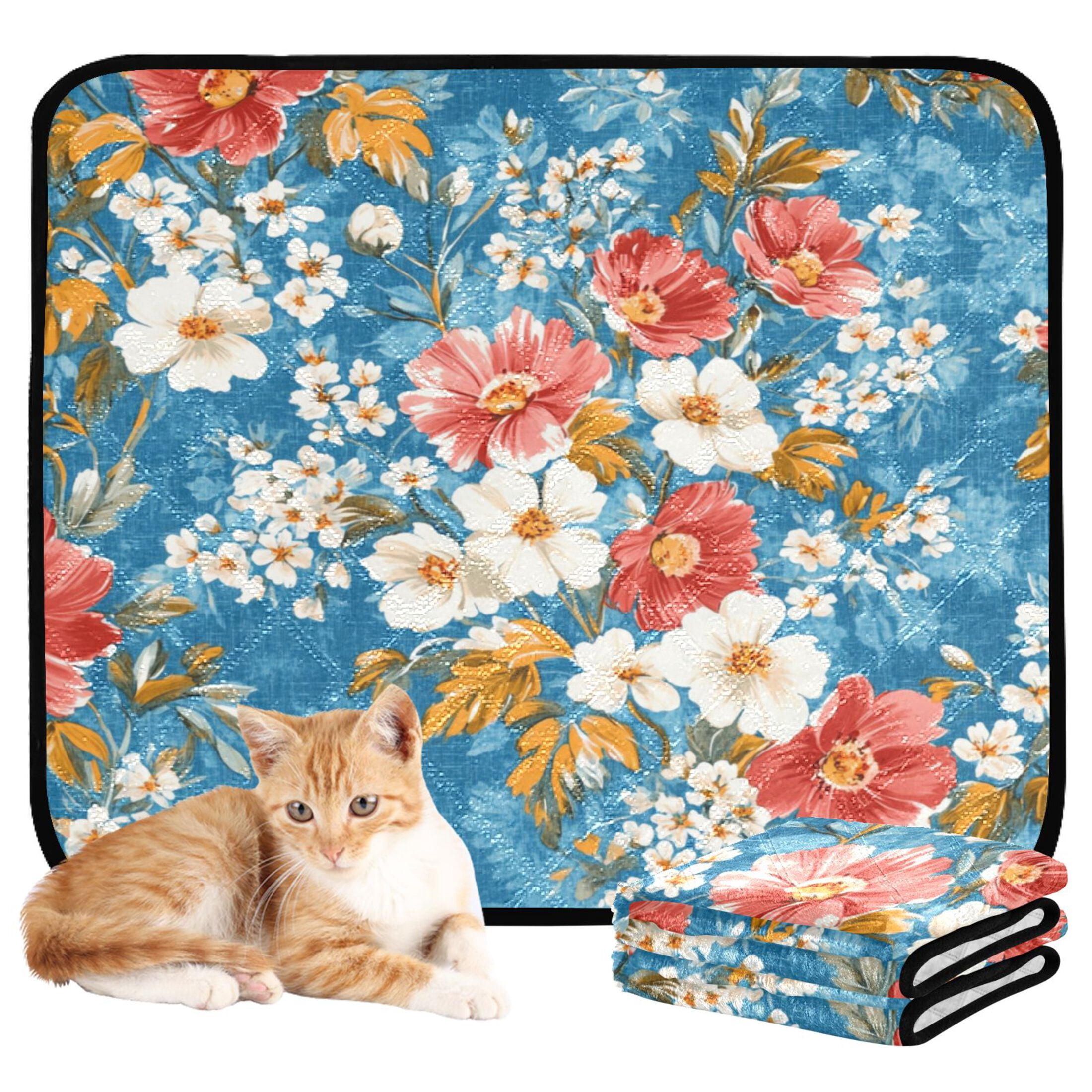 Qxltty Red and White Nostalgic Flowers Cat litter Pads Pet Set of 3 Diaper Mats Center Anti-leakage Layer Absorbent Soft and Comfortable