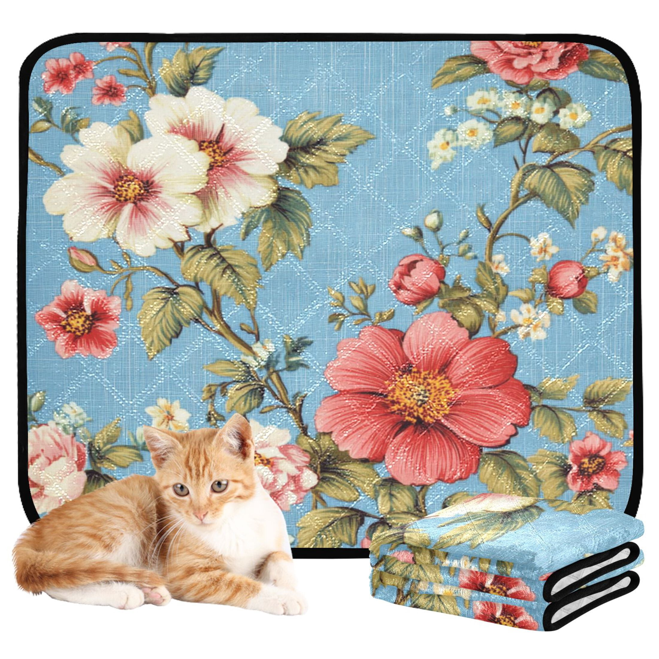 Qxltty Red and White Vintage Flowers Cat litter Pads Pet Set of 3 Diaper Mats Center Anti-leakage Layer Absorbent Soft and Comfortable
