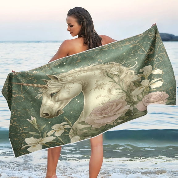 Qxltty Retro Unicorn Beach Towel Sand Free Bath Towel Absorbent Quick Dry Soft Lightweight Blanket for Travel Gym Camping 71x31in