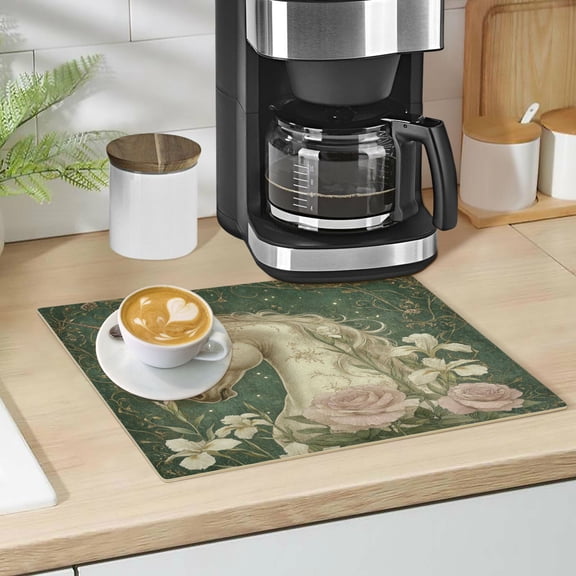 Qxltty Retro Unicorn Leather Drying Mat for Kitchen Countertops Coffee Mats Hide Stain Quickly Absorbs Water Tableware Decor