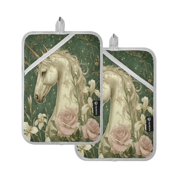 Qxltty Retro Unicorn Oven Mitts 2-Pack Heat Resistant Quilted Oven Gloves with Hanging Loop for Microwave BBQ & Kitchen Use