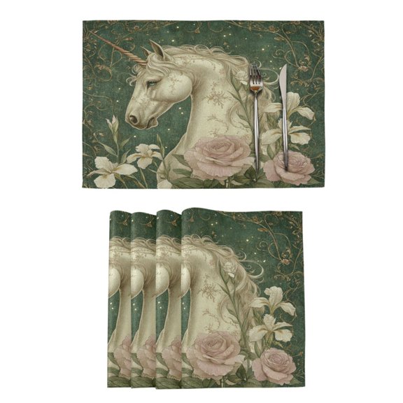 Qxltty Retro Unicorn Placemats Set of 6 Heat Resistant Non-Slip Place mat for Dining Table Washable Durable Polyester Woven Table Decorations