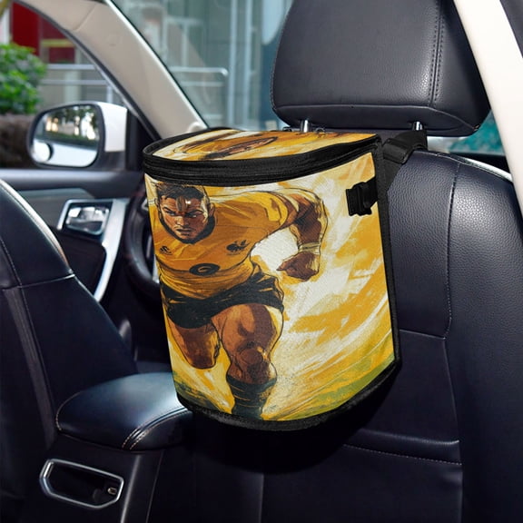 Qxltty Rugby Player Running on The Field Of Play Car Trash Can with Lid Vehicle Backseat Hanging Leak Proof Storage Bin