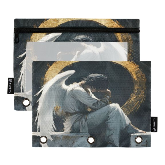 Qxltty Sad Angel Pencil Pouches for 3 Ring Binder Clear Window Zipper Pencil Case for Office College Supplies