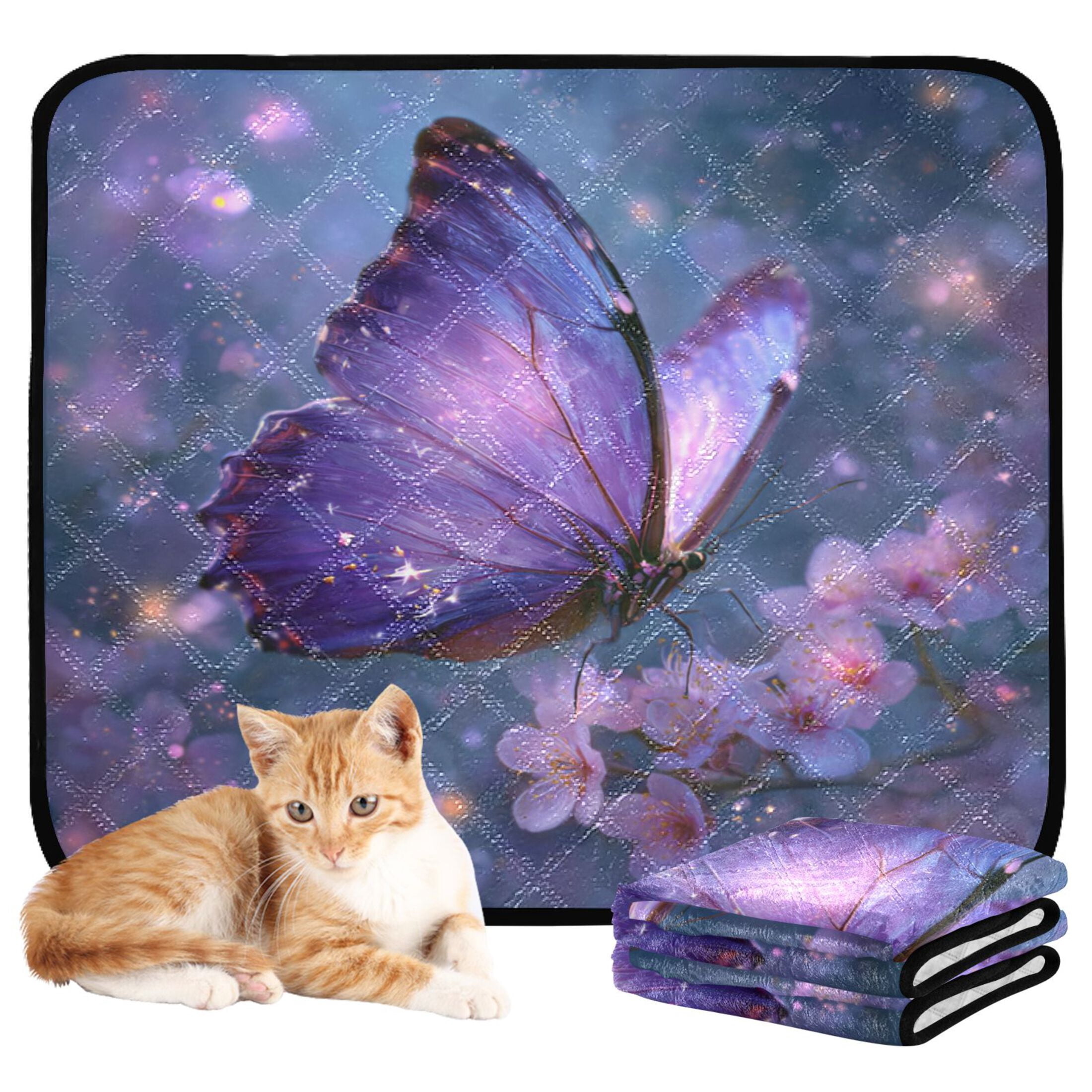 Qxltty Sakura Purple Butterfly Cat litter Pads Pet Set of 3 Diaper Mats Center Anti-leakage Layer Absorbent Soft and Comfortable