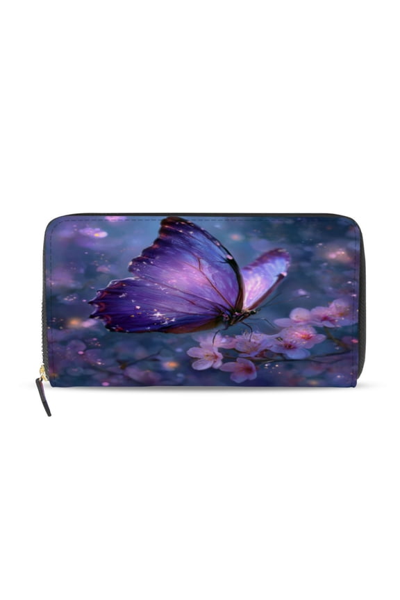 Sakura Purple Butterfly Women's Leather Wallet Fashion Retro Multi Card Holder with Cell Phone Pocket Mothers Day Gifts