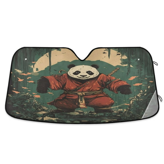 Qxltty Samurai Panda Pattern Car Windshield Sunshades Foldable UV Rays Sun Visor Protector Keep Your Vehicle Cool 53×23.5in