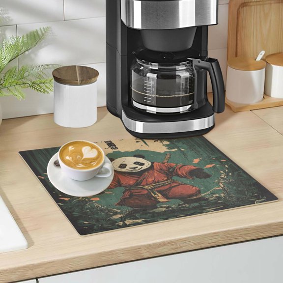Qxltty Samurai Panda Pattern Leather Drying Mat for Kitchen Countertops Coffee Mats Hide Stain Quickly Absorbs Water Tableware Decor