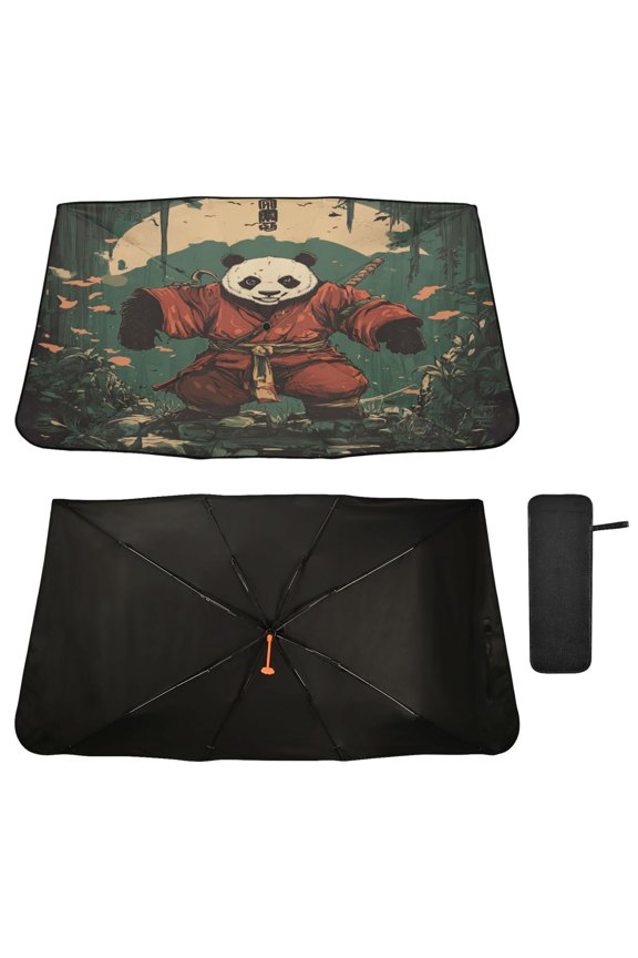 Samurai Panda Pattern Windshield Sun Shade Umbrella Protect Car from Sunrays and Heat Damage Keep Cool and Interior