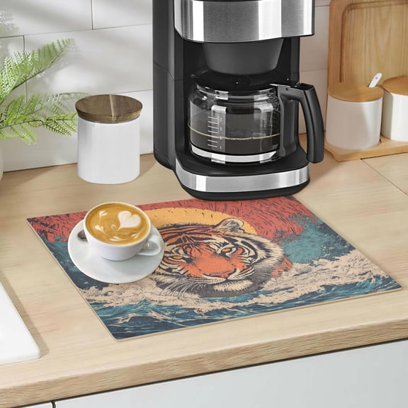Qxltty Sea Sunrise Tiger Pattern Leather Drying Mat for Kitchen Countertops Coffee Mats Hide Stain Quickly Absorbs Water Tableware Decor