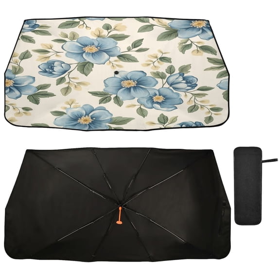 Qxltty Seamless Pattern Of Blue Flowers and Green Leaves Car Windshield Sunshade Umbrella Quality Black Rubberized Fabric Can Effectively Block UV Rays Heat