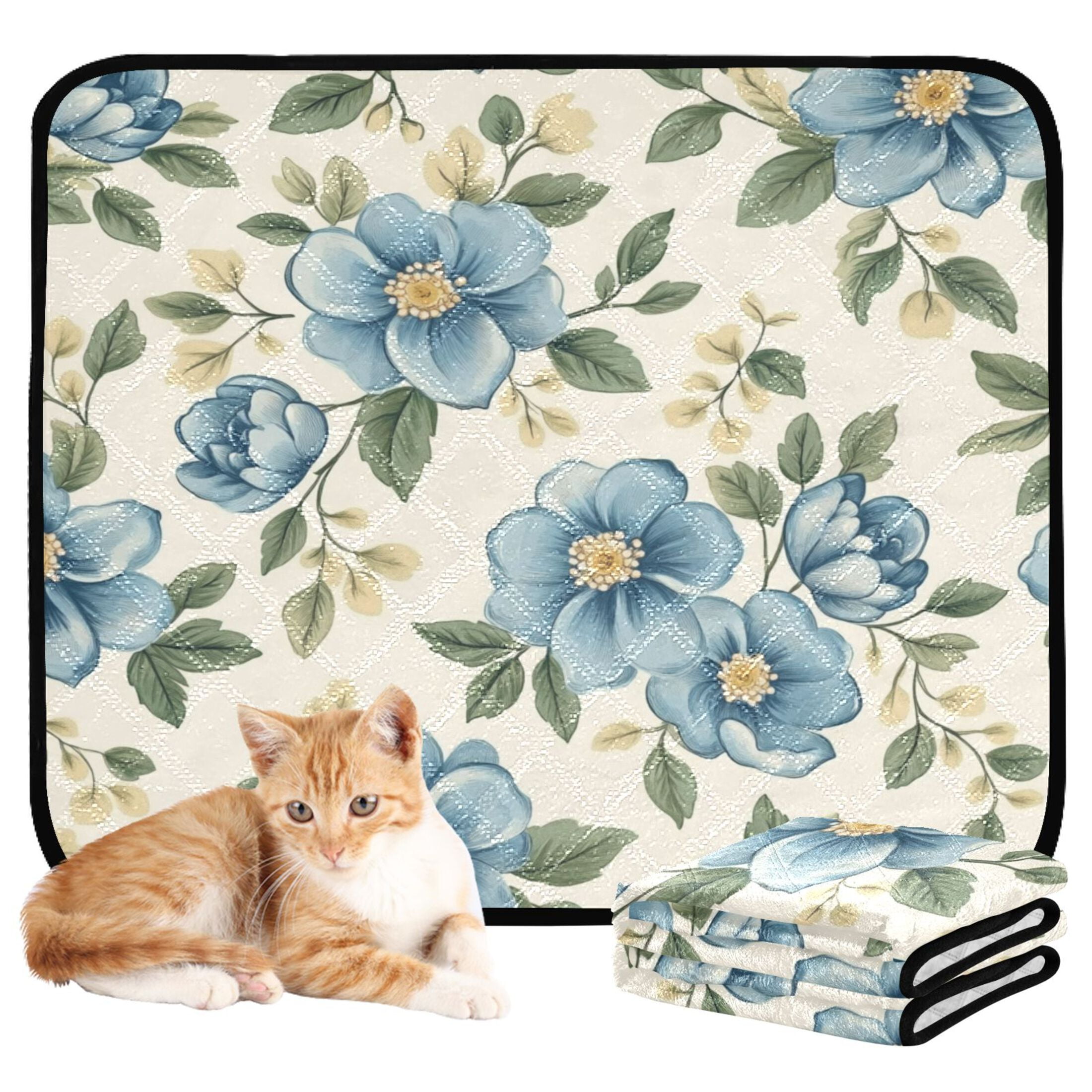 Qxltty Seamless Pattern Of Blue Flowers and Green Leaves Cat litter Pads Pet Set of 3 Diaper Mats Center Anti-leakage Layer Absorbent Soft and Comfortable