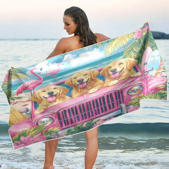 Qxltty Seaside Golden Retriever Beach Towel Sand Free Bath Towel Absorbent Quick Dry Soft Lightweight Blanket for Travel Gym Camping 60x30in