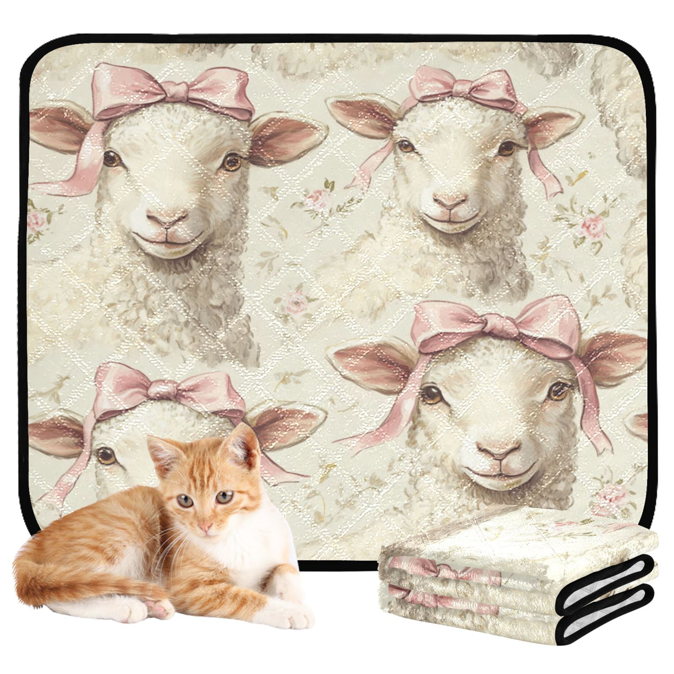 Qxltty Sheep with Bows Tied To Their Heads Pattern Cat litter Pads Pet Set of 3 Diaper Mats Center Anti-leakage Layer Absorbent Soft and Comfortable