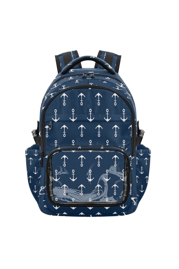 Ship Anchor Backpack School Bookbag with Clear PVC Front Pocket, Laptop Compartment, Water Resistant Travel Daypack for Students