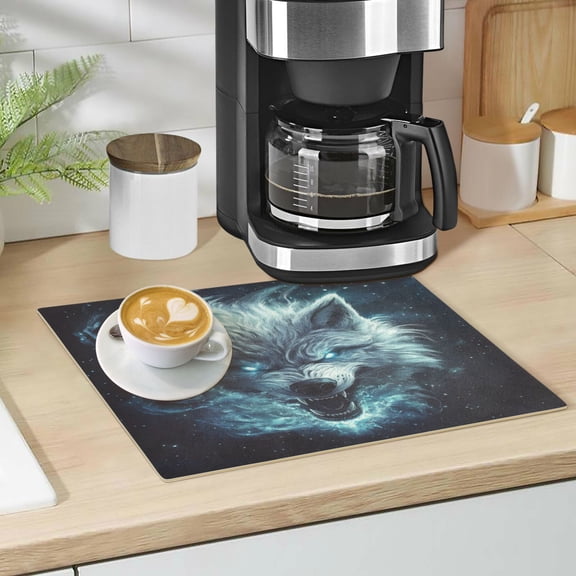 Qxltty Show Ferocity Wolf Leather Drying Mat for Kitchen Countertops Coffee Mats Hide Stain Quickly Absorbs Water Tableware Decor