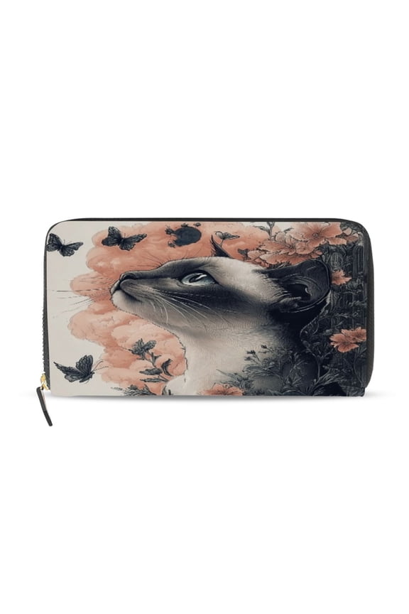 Siamese Cat with Flower Women's Leather Wallet Fashion Retro Multi Card Holder with Cell Phone Pocket Mothers Day Gifts