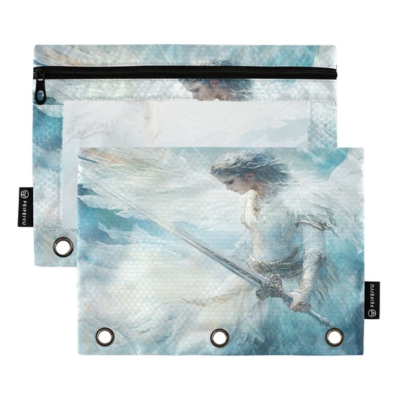 Qxltty Silver Angel Pencil Pouches for 3 Ring Binder Clear Window Zipper Pencil Case for Office College Supplies