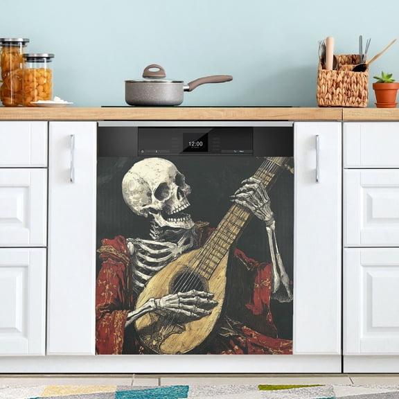 Qxltty Skeleton Playing The Lute Magnetic Dishwasher Sticker Refrigerator Cover Washing Machine Panel Kitchen Appliance Decoration 2326in