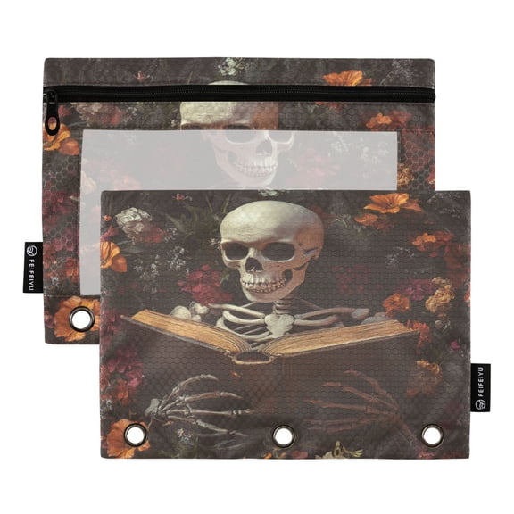 Qxltty Skeleton Reading Pencil Pouches for 3 Ring Binder Clear Window Zipper Pencil Case for Office College Supplies