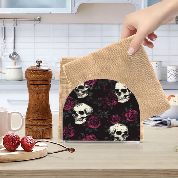 Qxltty Skull Burgundy Roses Pattern Acrylic Napkin Holder Set of 1 Transparent Dining Table Kitchen Cafeteria Home Decor 4.1x4.9x1.97in