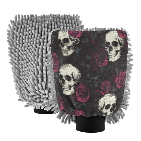 Qxltty Skull Burgundy Roses Pattern Car Wash Mitt 2pcs Scratch Free Lint-Free Antistatic Microfiber 7.09×10.24in