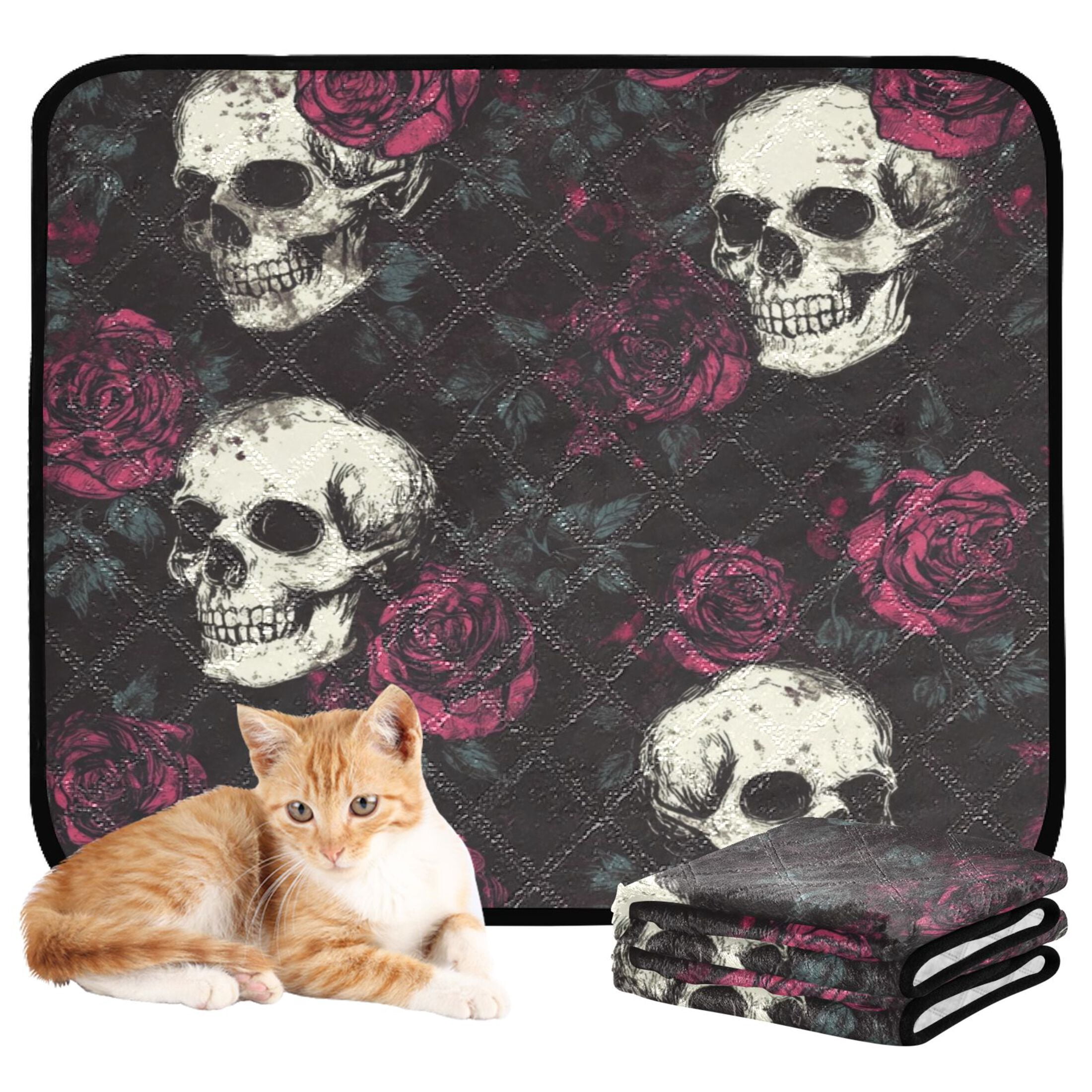 Qxltty Skull Burgundy Roses Pattern Cat litter Pads Pet Set of 3 Diaper Mats Center Anti-leakage Layer Absorbent Soft and Comfortable