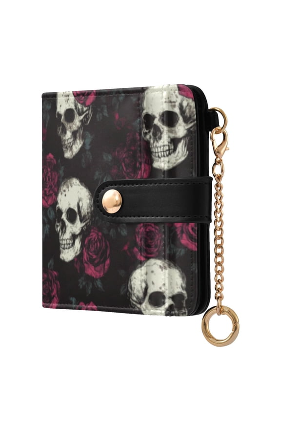 Skull Burgundy Roses Pattern Ladies Wallet Rfid Slim Thin Compact Credit Card Women Wallet Zipper Coin Pocket and ID Window for Female Gifts