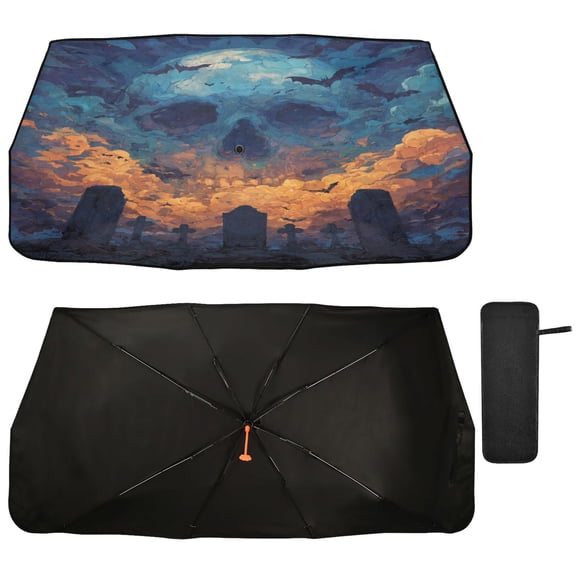 Qxltty Skull Cemetery Car Windshield Sunshade Umbrella Quality Black Rubberized Fabric Can Effectively Block UV Rays Heat