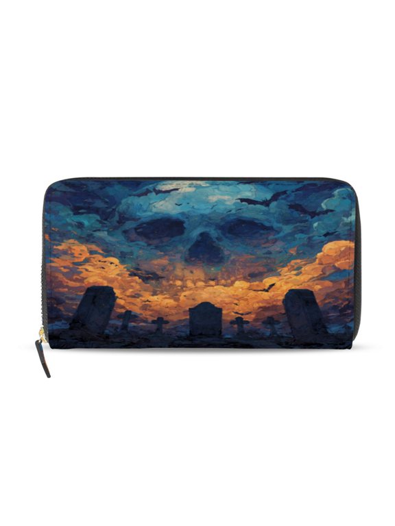 Skull Cemetery Women's Leather Wallet Fashion Retro Multi Card Holder with Cell Phone Pocket Mothers Day Gifts