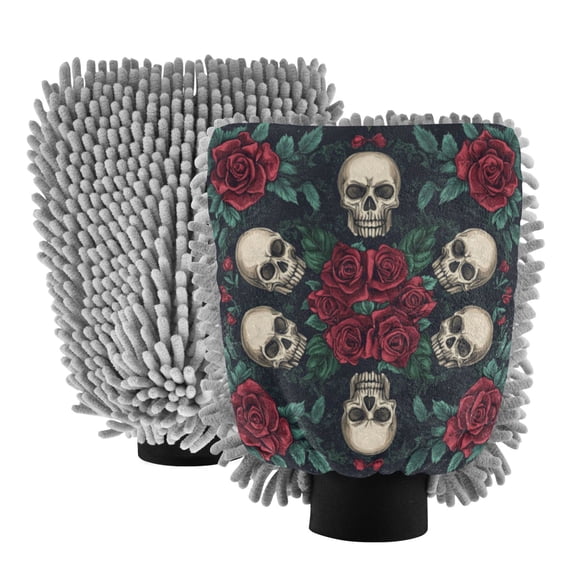 Qxltty Skull Red Rose Darkpattern Car Wash Mitt 2pcs Scratch Free Lint-Free Antistatic Microfiber 7.09×10.24in