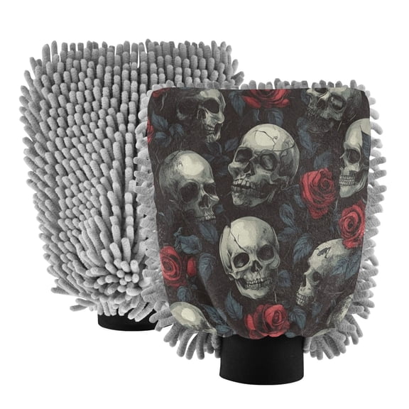Qxltty Skull Red Roses Pattern Car Wash Mitt 2pcs Scratch Free Lint-Free Antistatic Microfiber 7.09×10.24in